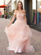 Zariah | Blush Princess A line Off Shoulder Ruffled Tulle Prom Dress by KissProm