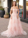 Zariah | Blush Princess A line Off Shoulder Ruffled Tulle Prom Dress by KissProm