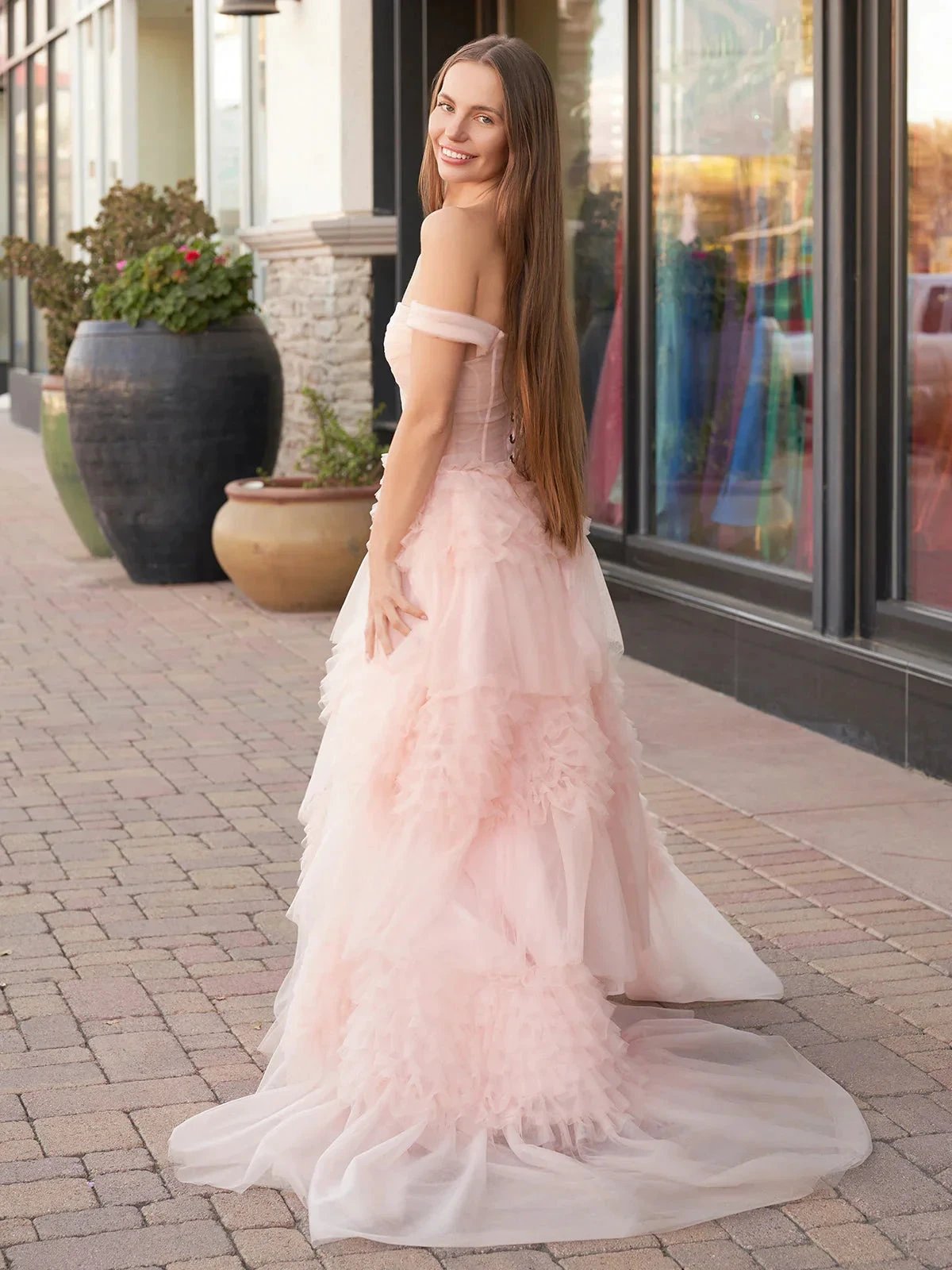 Zariah | Blush Princess A line Off Shoulder Ruffled Tulle Prom Dress by KissProm