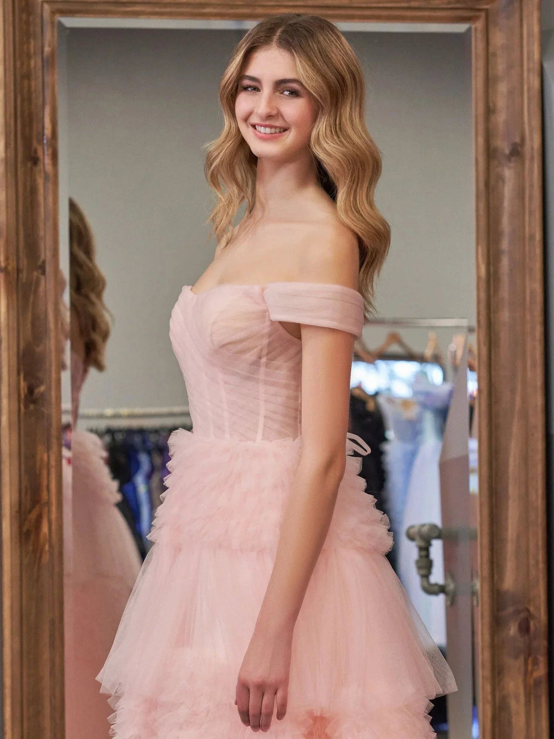 Zariah | Blush Princess A line Off Shoulder Ruffled Tulle Prom Dress by KissProm