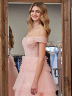 Zariah | Blush Princess A line Off Shoulder Ruffled Tulle Prom Dress by KissProm
