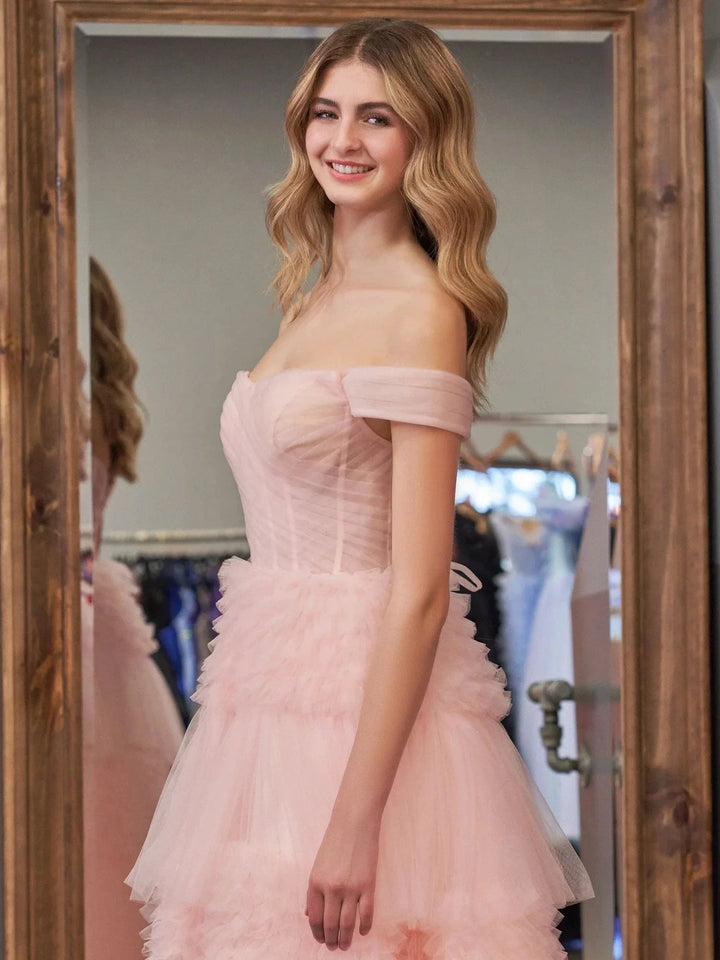 Zariah | Blush Princess A line Off Shoulder Ruffled Tulle Prom Dress by KissProm