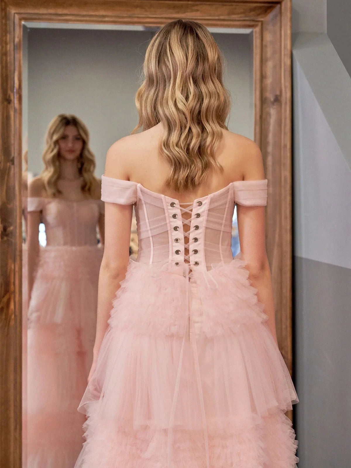 Zariah | Blush Princess A line Off Shoulder Ruffled Tulle Prom Dress by KissProm