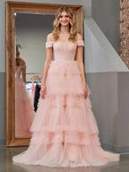 Zariah | Blush Princess A line Off Shoulder Ruffled Tulle Prom Dress by KissProm