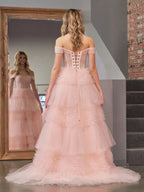 Zariah | Blush Princess A line Off Shoulder Ruffled Tulle Prom Dress by KissProm