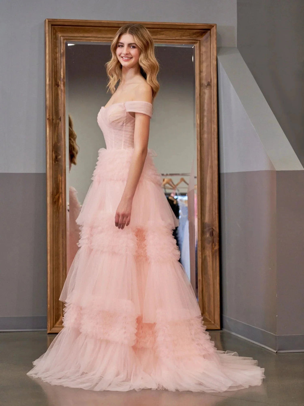 Zariah | Blush Princess A line Off Shoulder Ruffled Tulle Prom Dress by KissProm