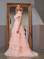 Zariah | Blush Princess A line Off Shoulder Ruffled Tulle Prom Dress by KissProm