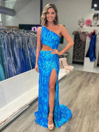 Zayna | Mermaid One Shoulder Keyhole Sequins Lace Long Prom Dresses with Slit by KissProm