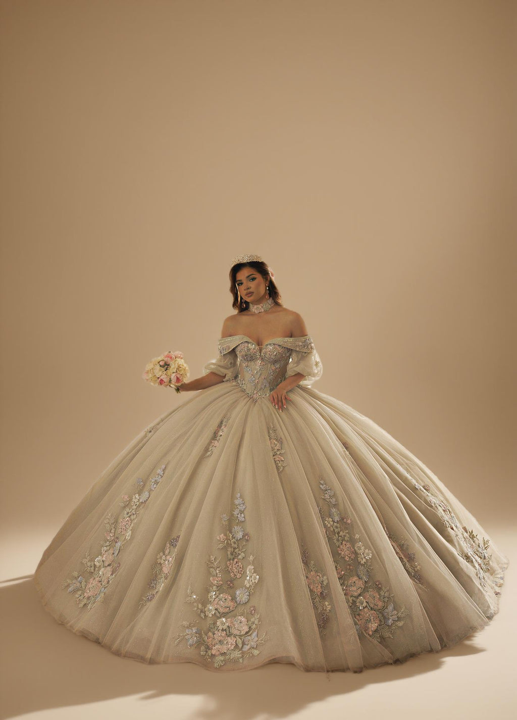 Sage Blush Puff Sleeve Quinceanera Dress 3D Floral Glitter Tulle Ball Gown with Corset (ZD17576)