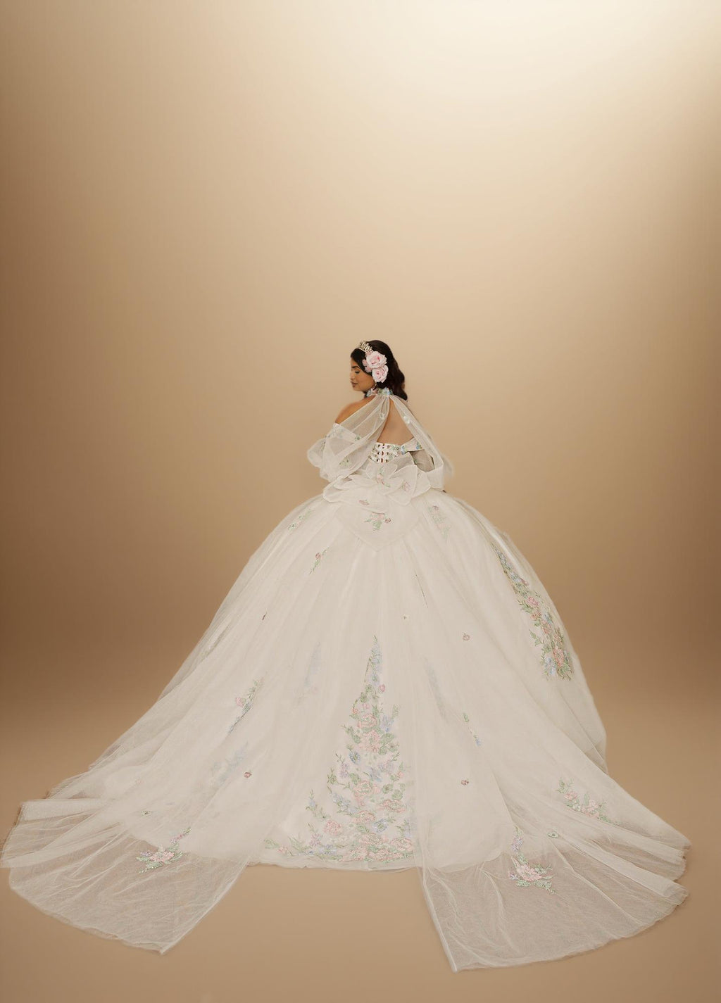 Sage Blush Puff Sleeve Quinceanera Dress 3D Floral Glitter Tulle Ball Gown with Corset (ZD17576)