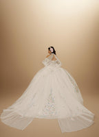 Sage Blush Puff Sleeve Quinceanera Dress 3D Floral Glitter Tulle Ball Gown with Corset (ZD17576)
