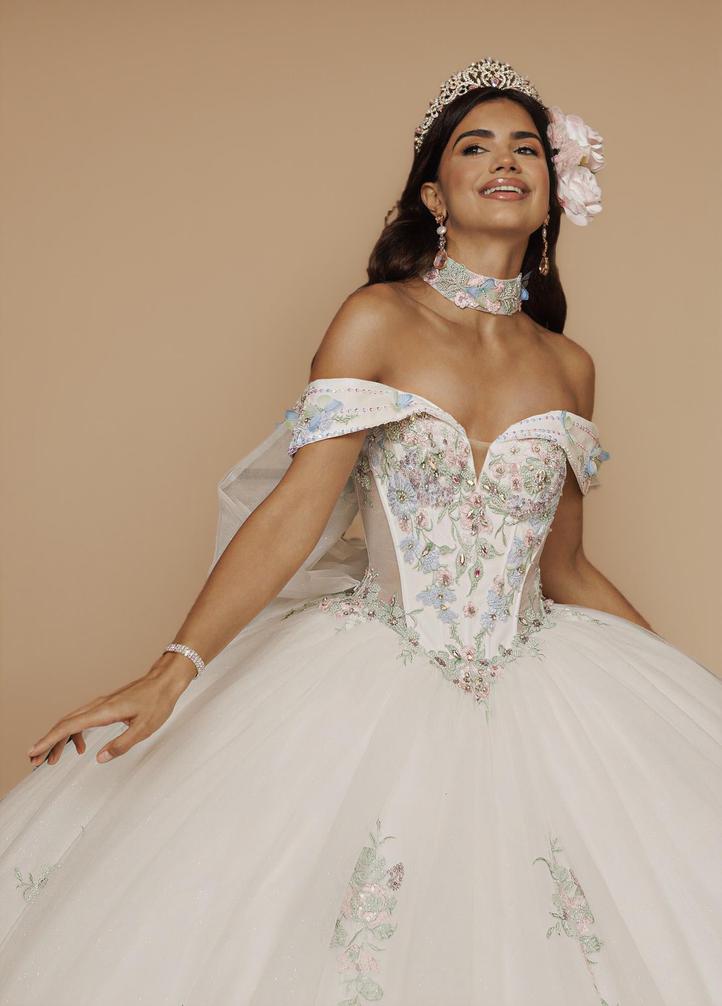 Sage Blush Puff Sleeve Quinceanera Dress 3D Floral Glitter Tulle Ball Gown with Corset (ZD17576)