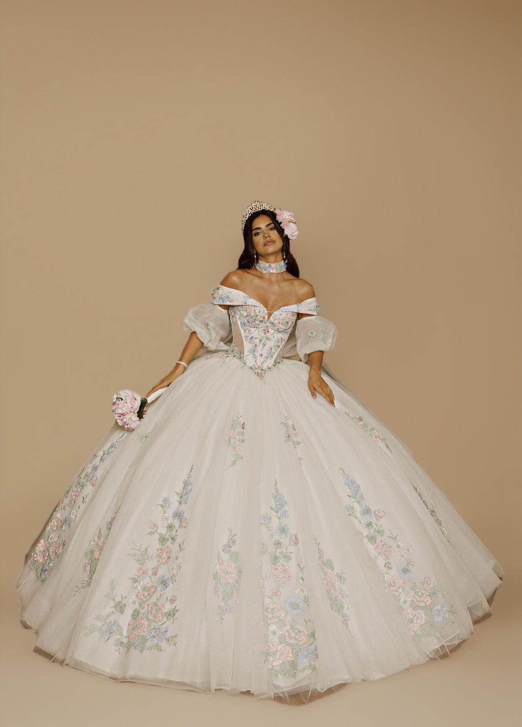 Sage Blush Puff Sleeve Quinceanera Dress 3D Floral Glitter Tulle Ball Gown with Corset (ZD17576)