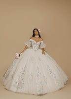 Sage Blush Puff Sleeve Quinceanera Dress 3D Floral Glitter Tulle Ball Gown with Corset (ZD17576)