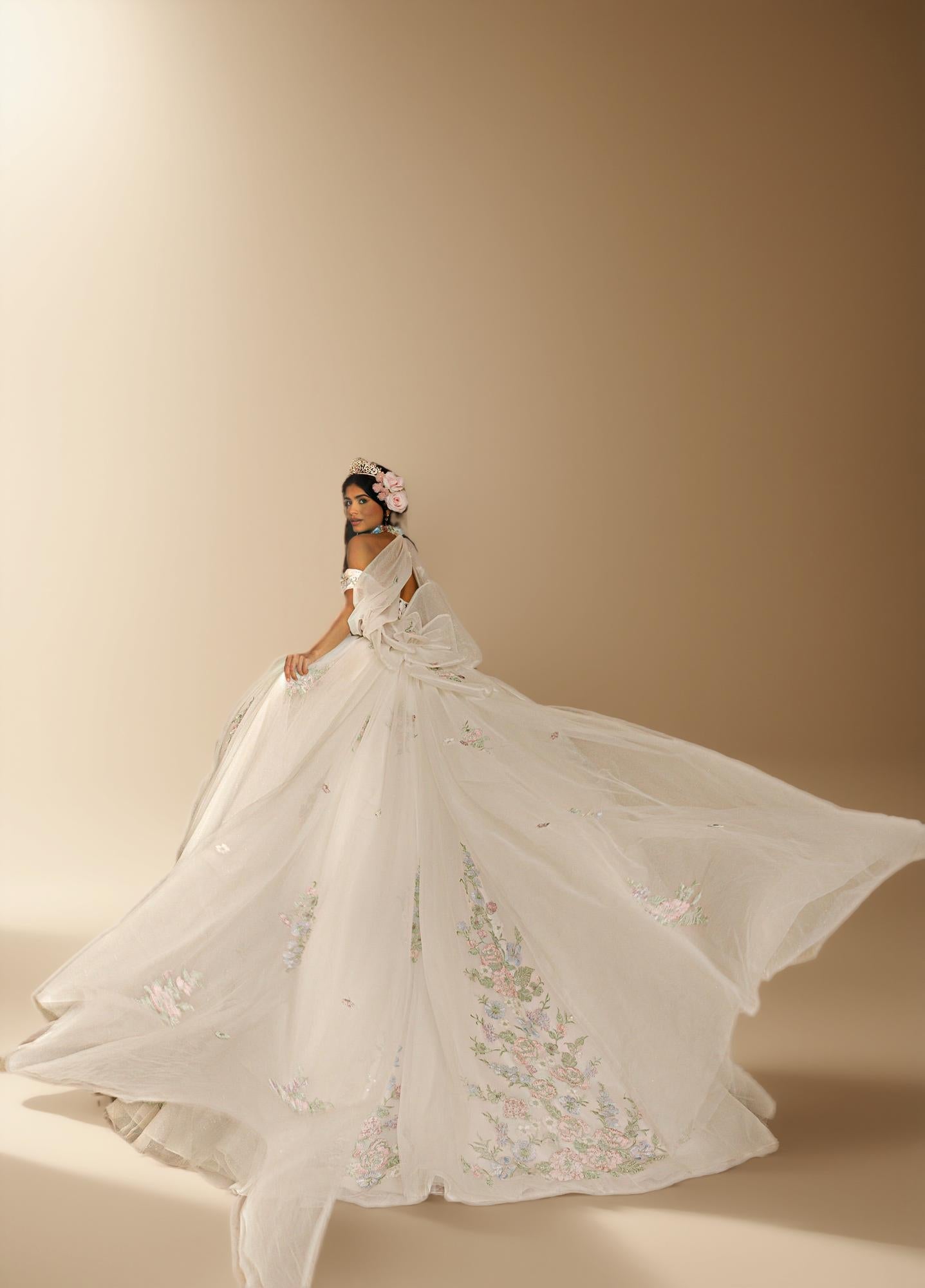 Sage Blush Puff Sleeve Quinceanera Dress 3D Floral Glitter Tulle Ball Gown with Corset (ZD17576)