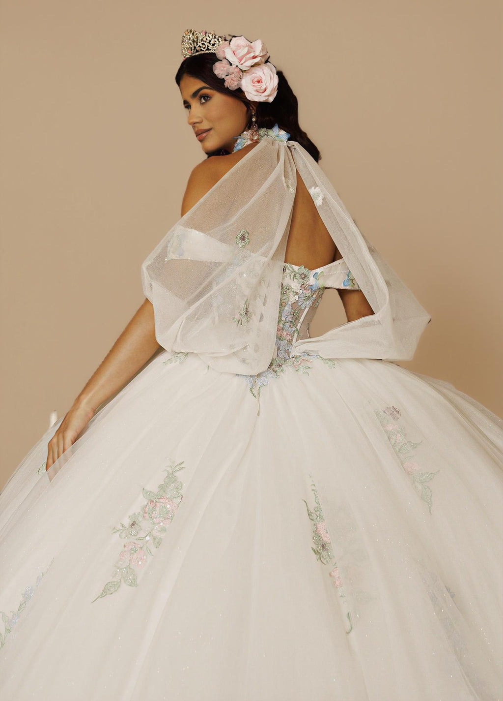 Sage Blush Puff Sleeve Quinceanera Dress 3D Floral Glitter Tulle Ball Gown with Corset (ZD17576)