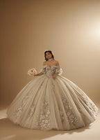 Sage Blush Puff Sleeve Quinceanera Dress 3D Floral Glitter Tulle Ball Gown with Corset (ZD17576)