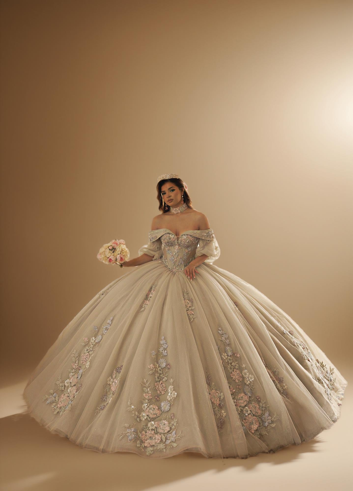 Sage Blush Puff Sleeve Quinceanera Dress 3D Floral Glitter Tulle Ball Gown with Corset (ZD17576)
