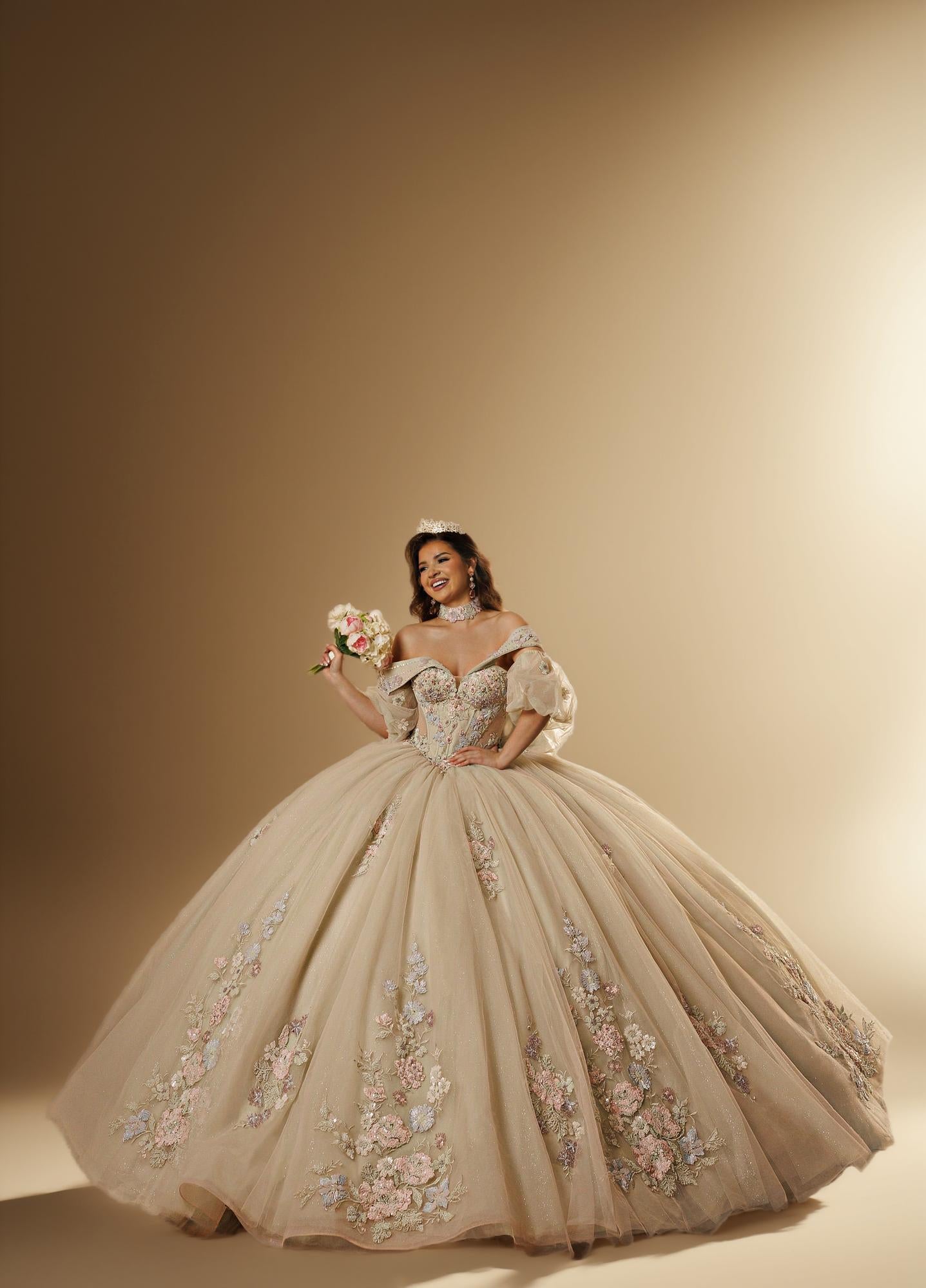 Sage Blush Puff Sleeve Quinceanera Dress 3D Floral Glitter Tulle Ball Gown with Corset (ZD17576)