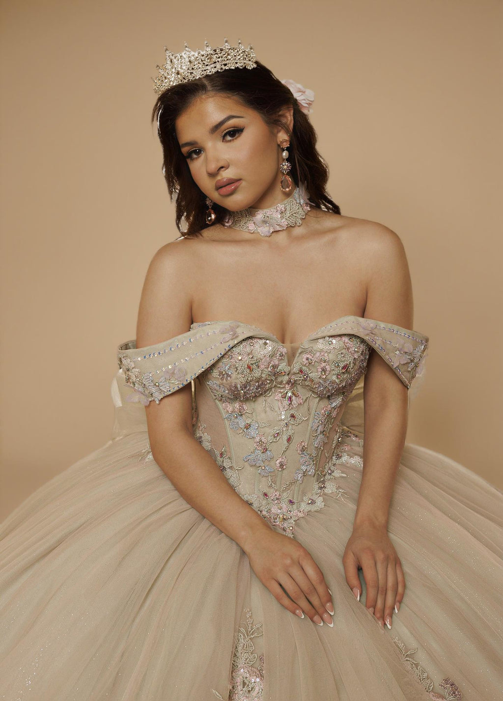 Sage Blush Puff Sleeve Quinceanera Dress 3D Floral Glitter Tulle Ball Gown with Corset (ZD17576)