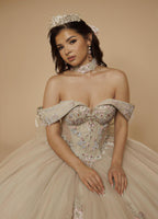Sage Blush Puff Sleeve Quinceanera Dress 3D Floral Glitter Tulle Ball Gown with Corset (ZD17576)