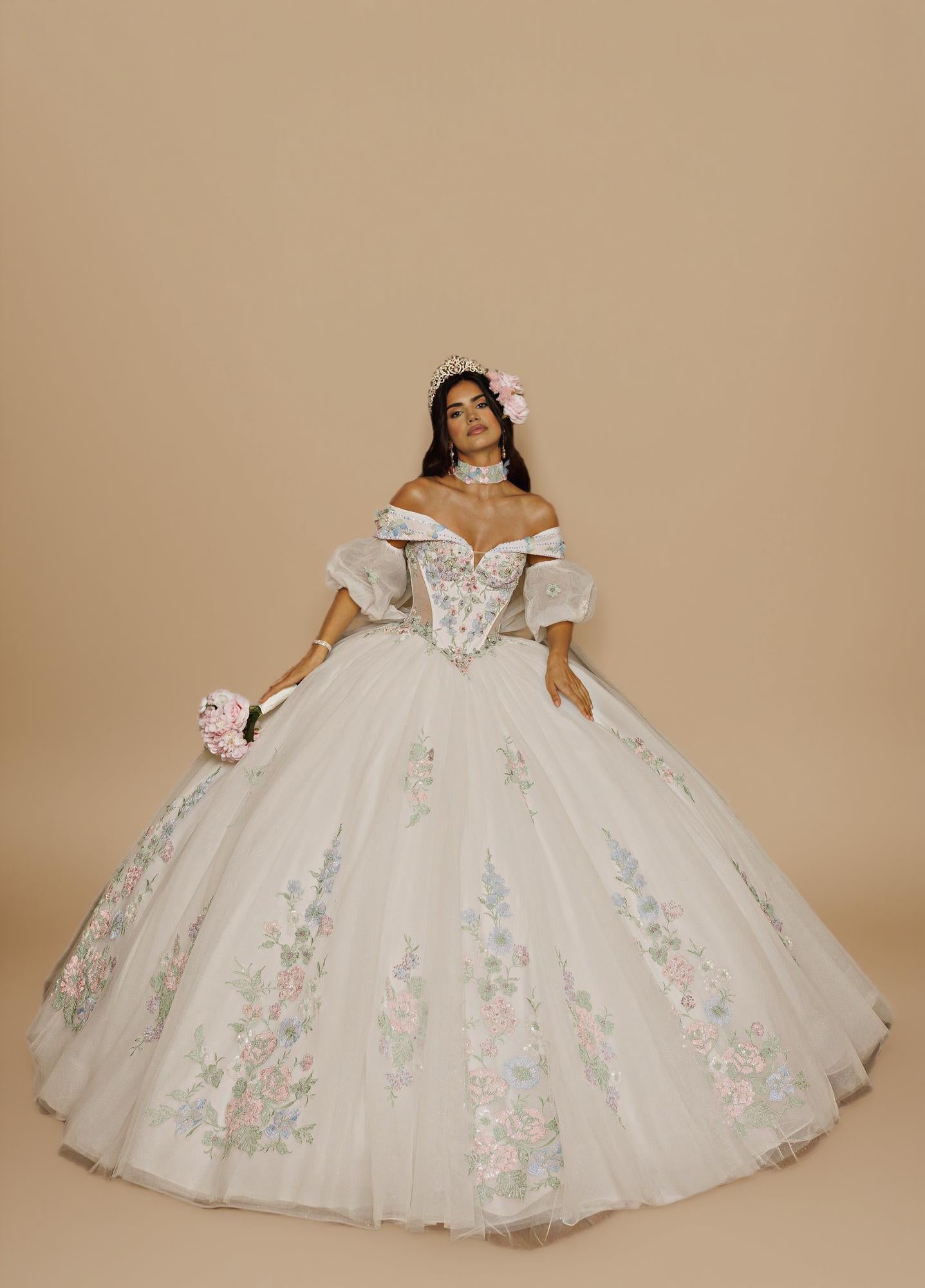 Sage Blush Puff Sleeve Quinceanera Dress 3D Floral Glitter Tulle Ball Gown with Corset (ZD17576)