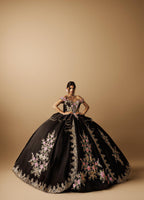 Black Gold Off Shoulder Quinceanera Dress 3D Floral Embroidered Satin Tulle Ball Gown (ZD17585)