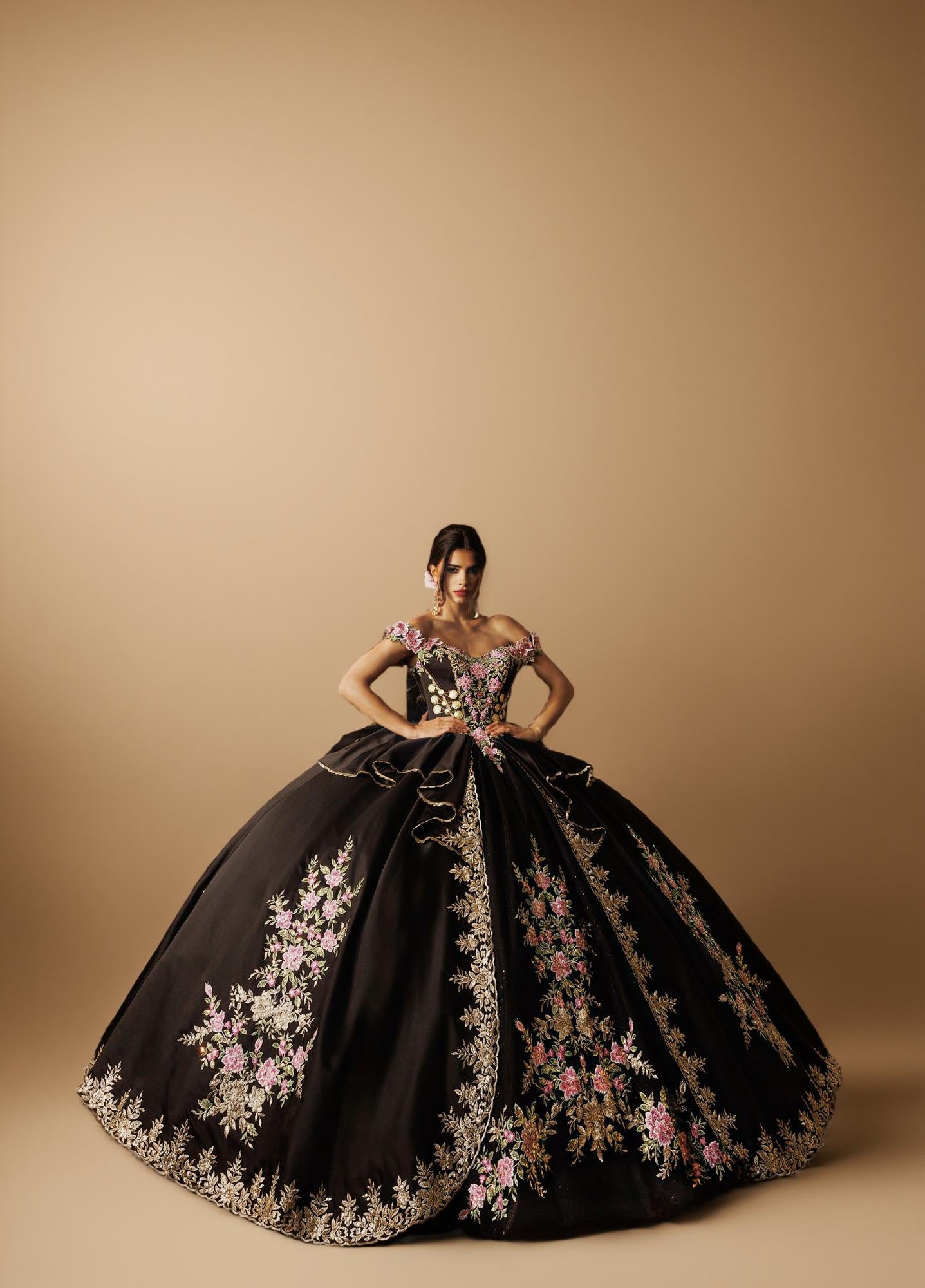 Black Gold Off Shoulder Quinceanera Dress 3D Floral Embroidered Satin Tulle Ball Gown (ZD17585)