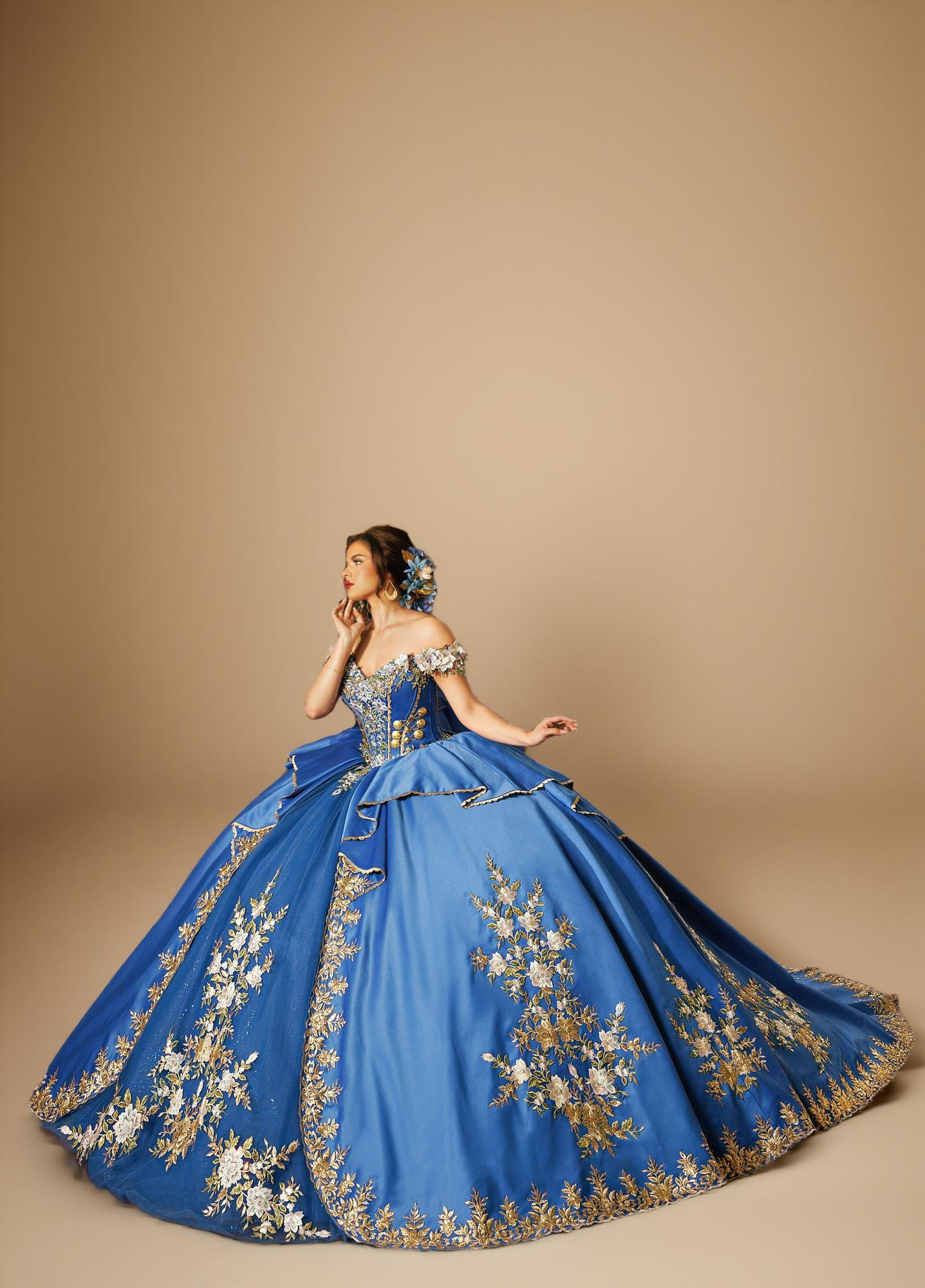 Black Gold Off Shoulder Quinceanera Dress 3D Floral Embroidered Satin Tulle Ball Gown (ZD17585)