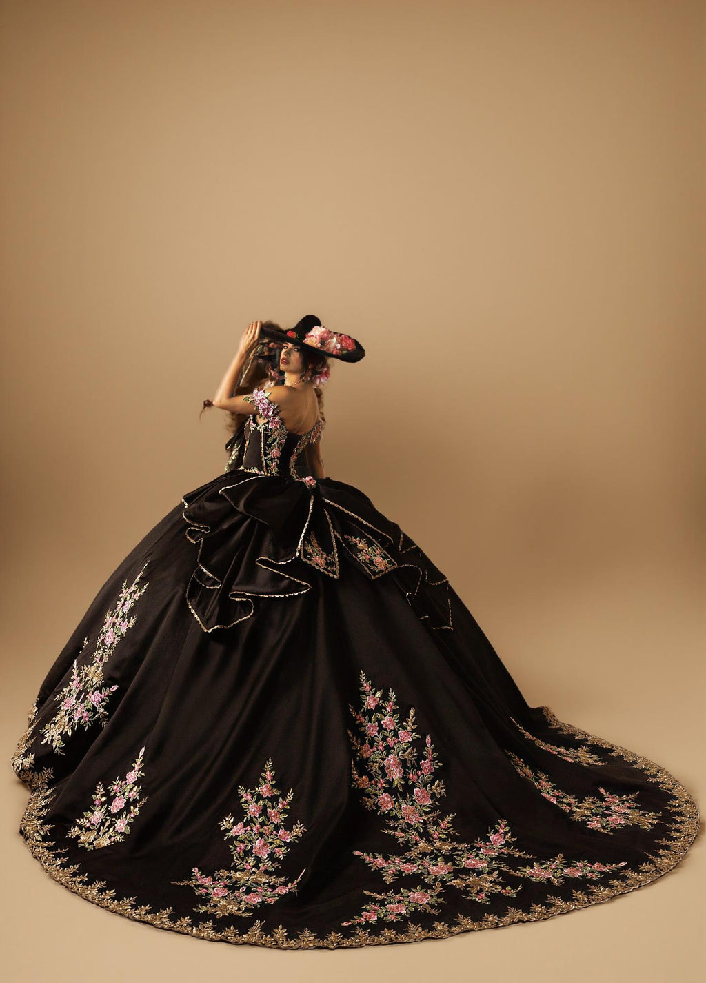 Black Gold Off Shoulder Quinceanera Dress 3D Floral Embroidered Satin Tulle Ball Gown (ZD17585)