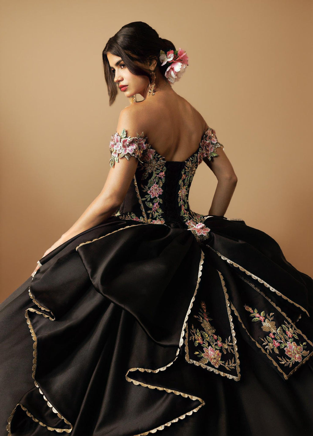 Black Gold Off Shoulder Quinceanera Dress 3D Floral Embroidered Satin Tulle Ball Gown (ZD17585)