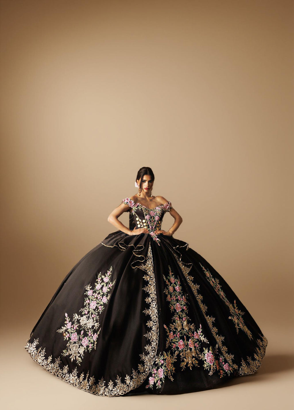 Black Gold Off Shoulder Quinceanera Dress 3D Floral Embroidered Satin Tulle Ball Gown (ZD17585)