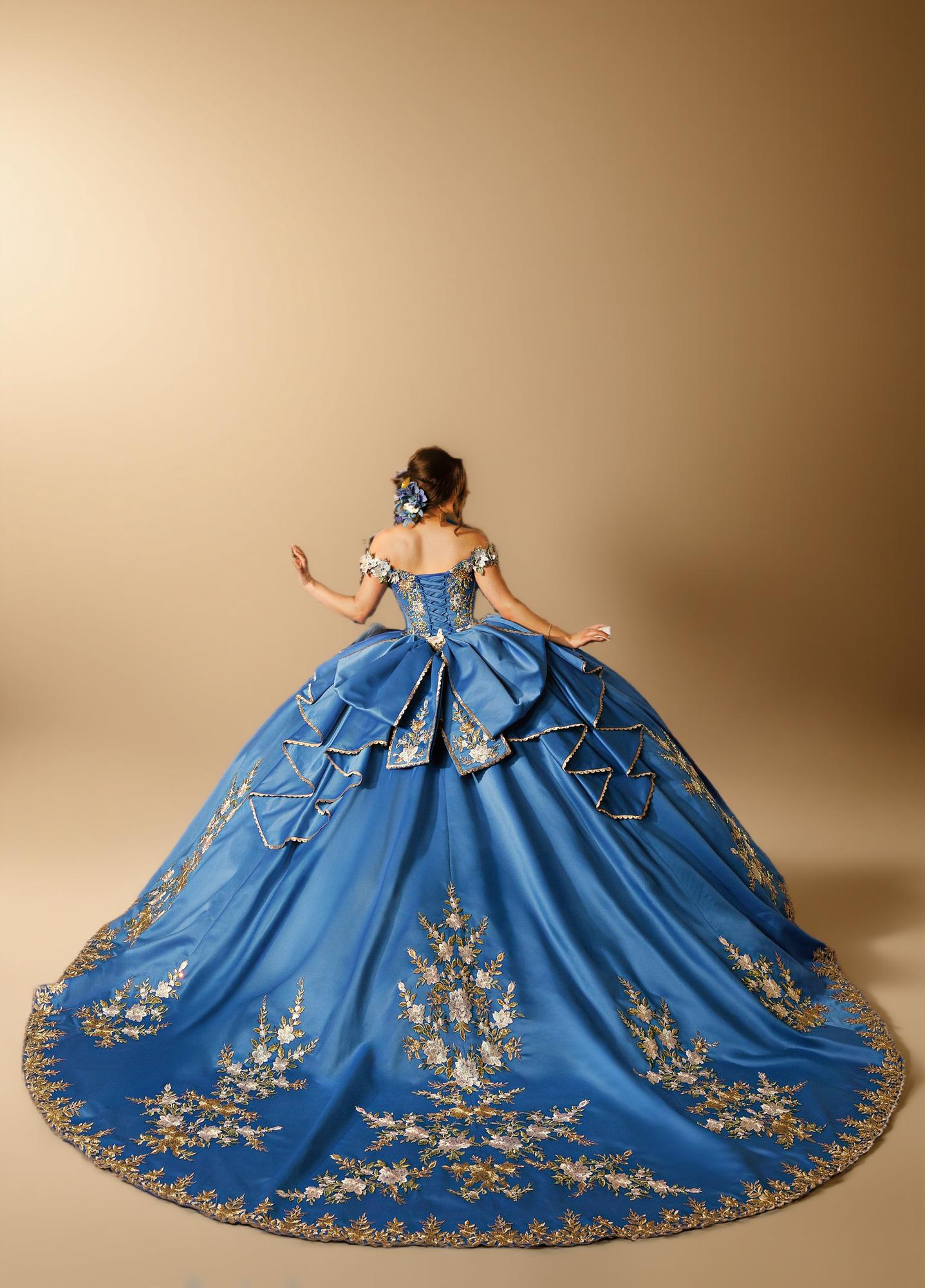 Black Gold Off Shoulder Quinceanera Dress 3D Floral Embroidered Satin Tulle Ball Gown (ZD17585)