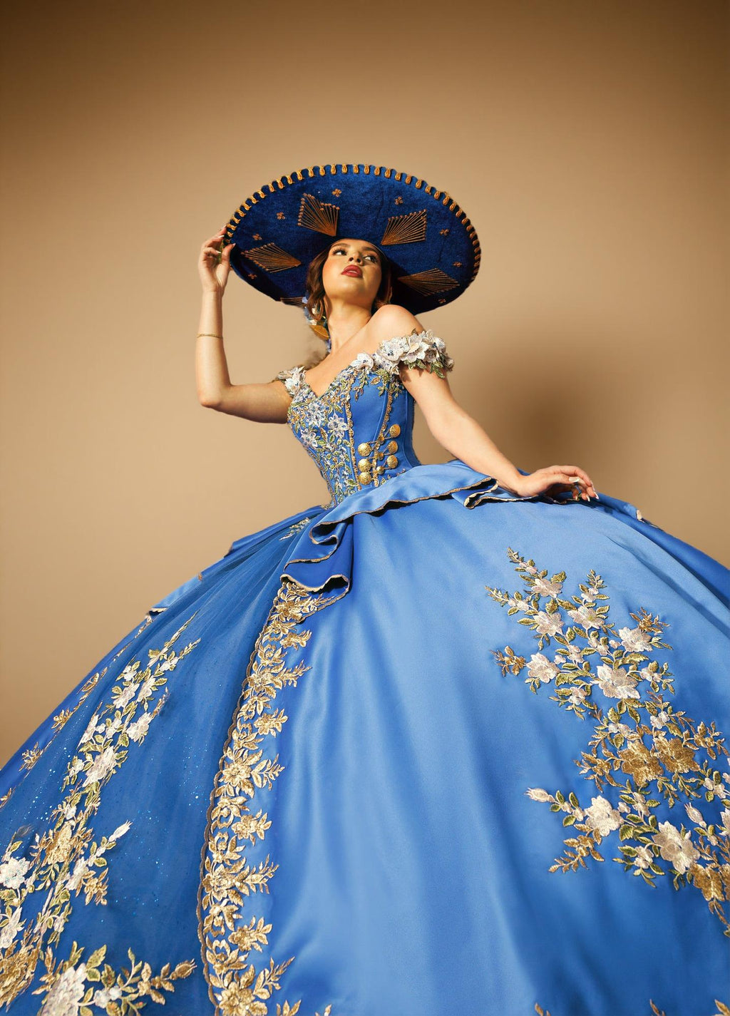 Black Gold Off Shoulder Quinceanera Dress 3D Floral Embroidered Satin Tulle Ball Gown (ZD17585)