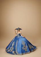 Black Gold Off Shoulder Quinceanera Dress 3D Floral Embroidered Satin Tulle Ball Gown (ZD17585)
