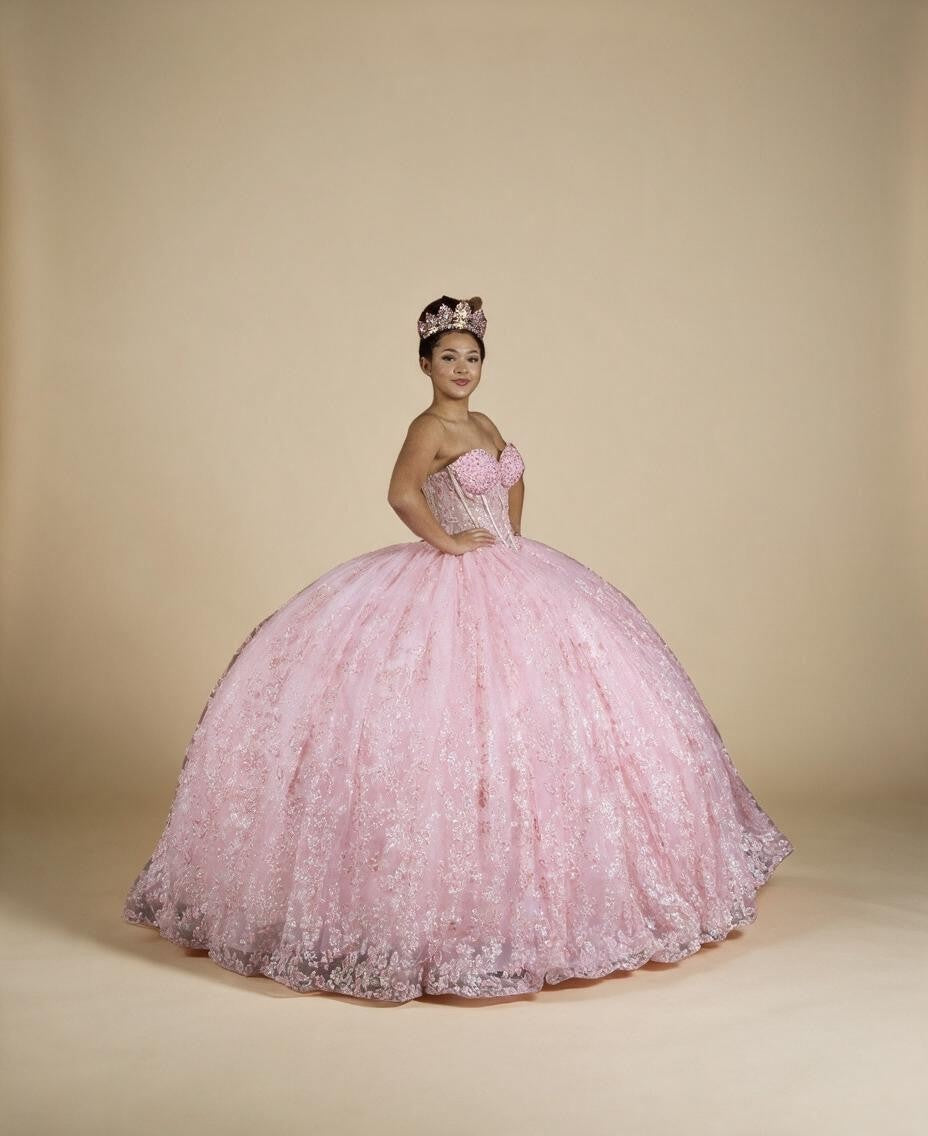 Bubble Pink Strapless Quinceanera Dress Sequin Corset Glitter Tulle Ball Gown (ZD17594)