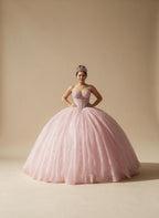 Bubble Pink Strapless Quinceanera Dress Sequin Corset Glitter Tulle Ball Gown (ZD17594)