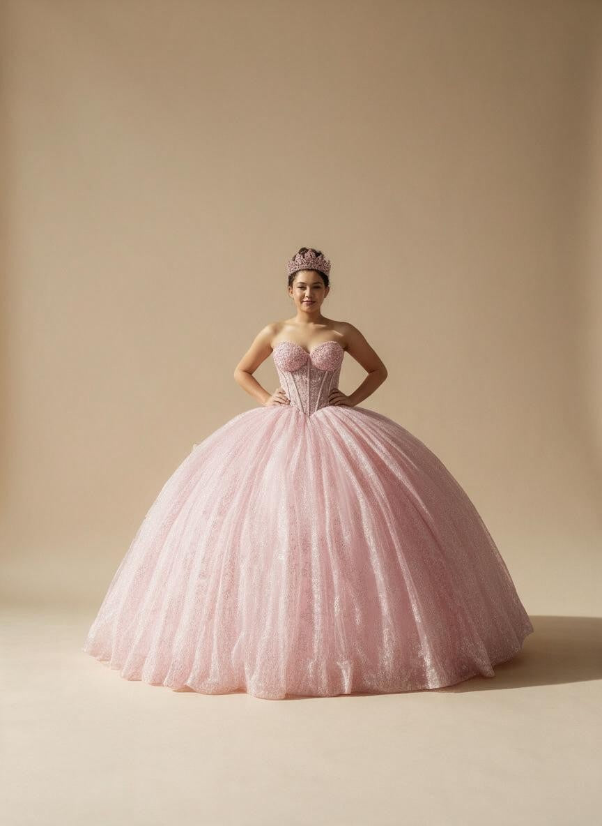 Bubble Pink Strapless Quinceanera Dress Sequin Corset Glitter Tulle Ball Gown (ZD17594)
