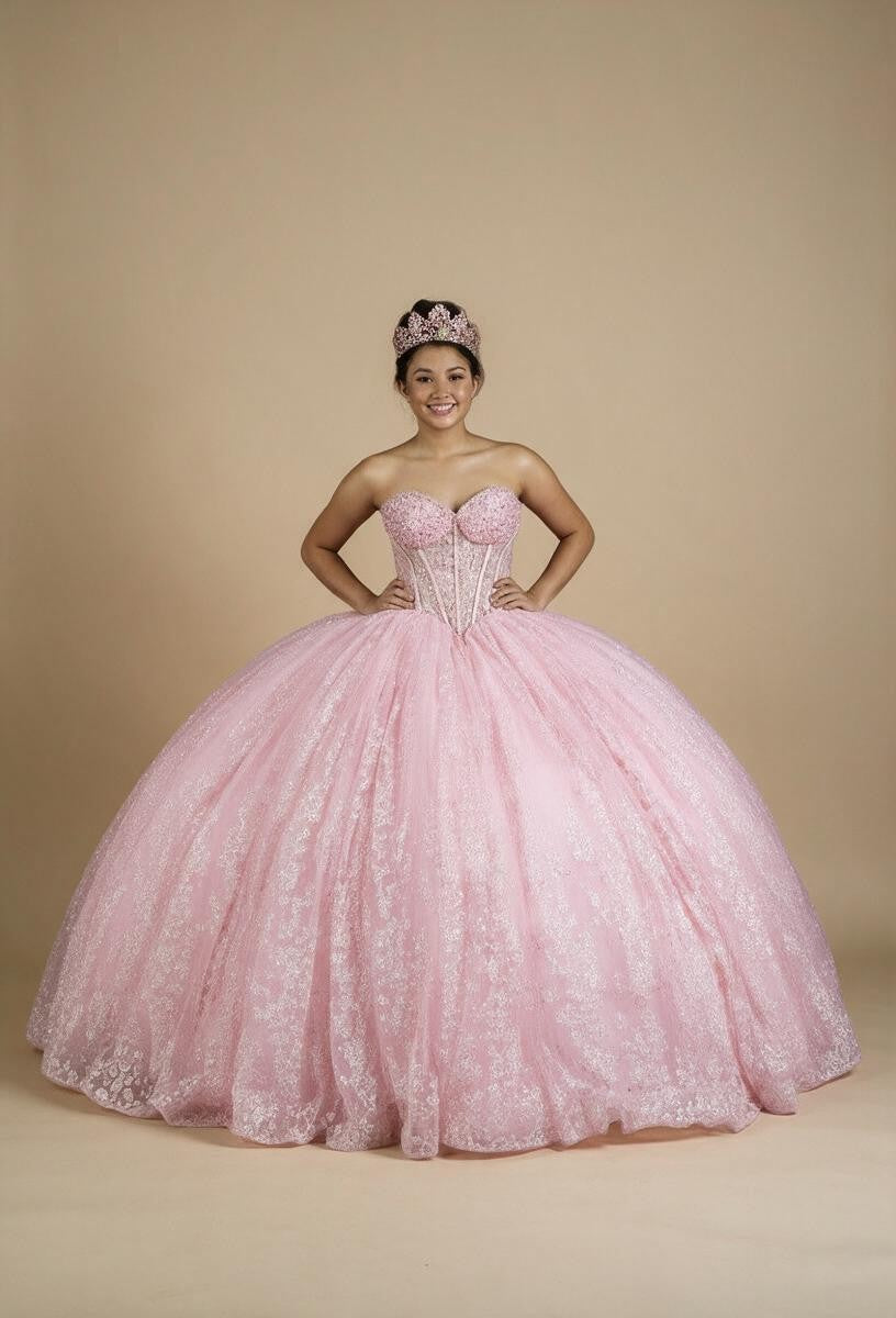 Bubble Pink Strapless Quinceanera Dress Sequin Corset Glitter Tulle Ball Gown (ZD17594)