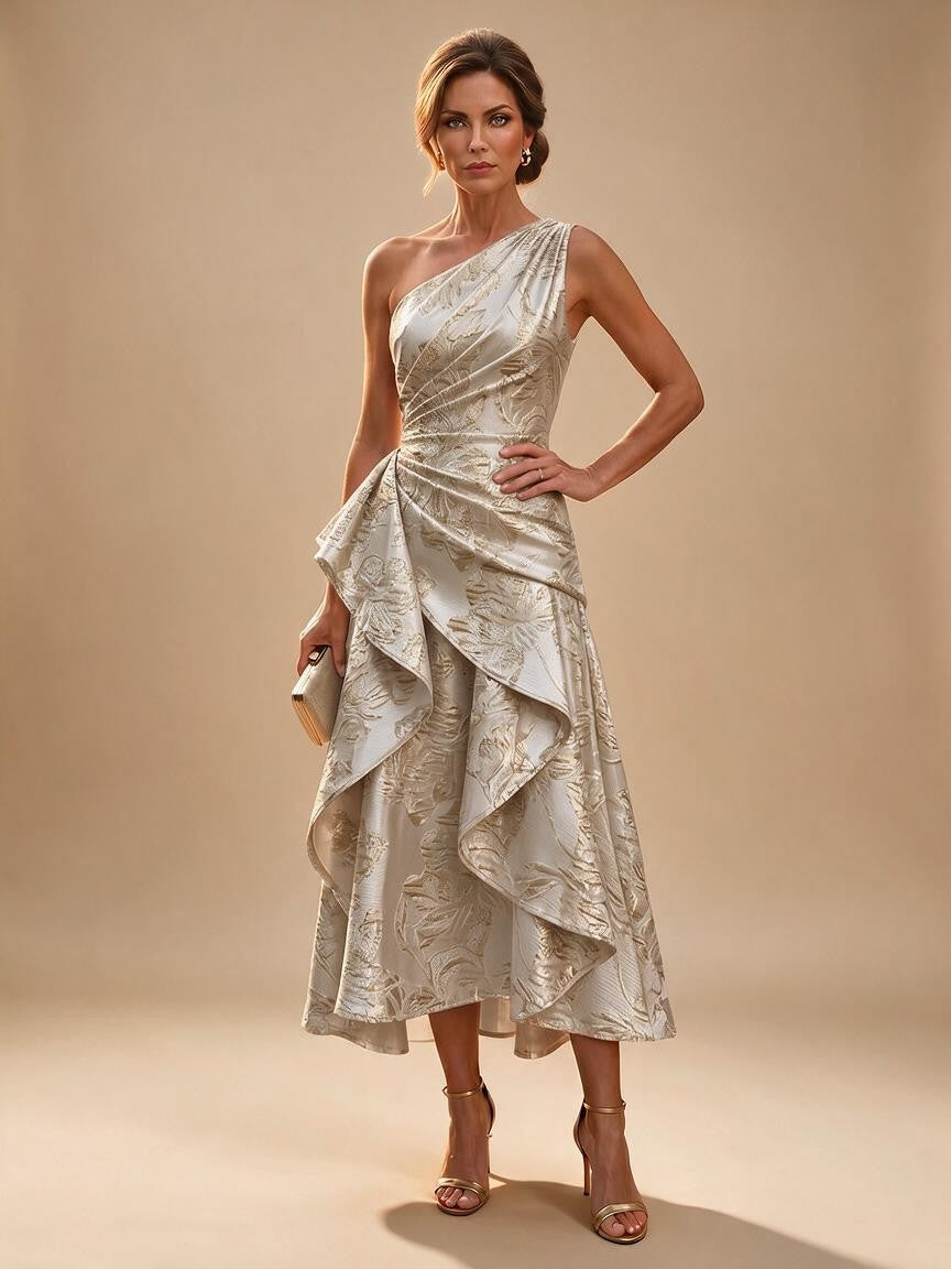 Jacquard A Line One Shoulder Ruffles Corset Mother of the Bride & Groom Dresses - Champagne