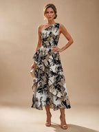 Jacquard A Line One Shoulder Ruffles Corset Mother of the Bride & Groom Dresses - Black