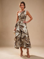 Jacquard A Line One Shoulder Ruffles Corset Mother of the Bride & Groom Dresses - Brown