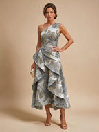 Jacquard A Line One Shoulder Ruffles Corset Mother of the Bride & Groom Dresses - Dusty Blue