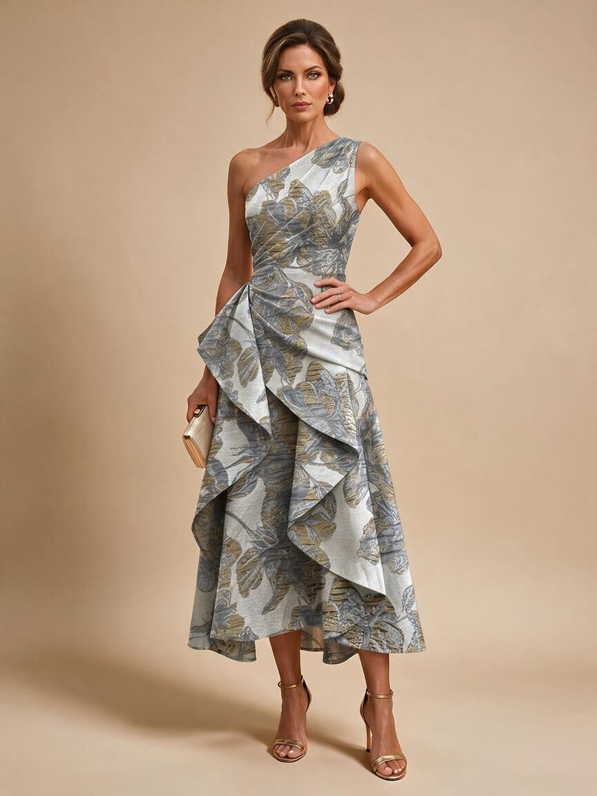 Jacquard A Line One Shoulder Ruffles Corset Mother of the Bride & Groom Dresses - Dusty Blue
