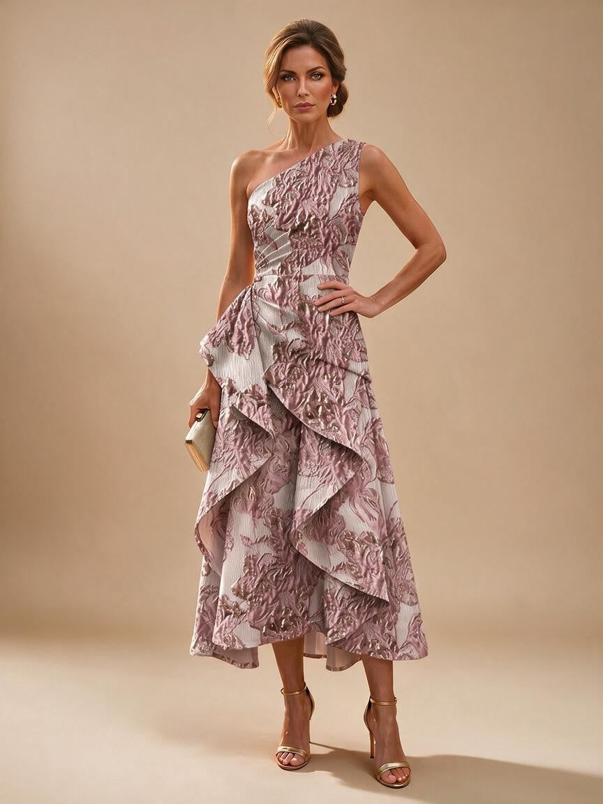 Jacquard A Line One Shoulder Ruffles Corset Mother of the Bride & Groom Dresses - Dusty Rose