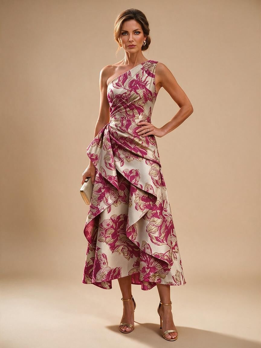 Jacquard A Line One Shoulder Ruffles Corset Mother of the Bride & Groom Dresses - Fuchsia