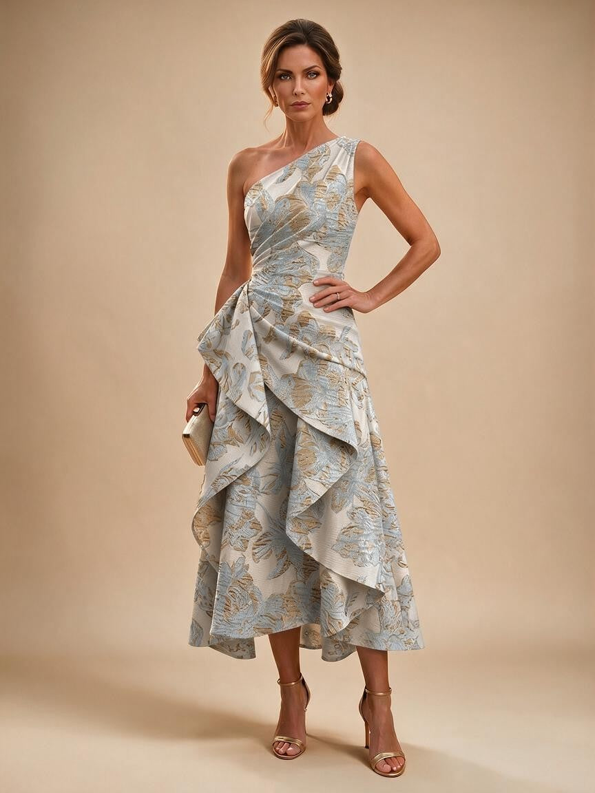 Jacquard A Line One Shoulder Ruffles Corset Mother of the Bride & Groom Dresses - Light Blue