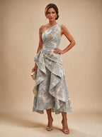 Jacquard A Line One Shoulder Ruffles Corset Mother of the Bride & Groom Dresses - Light Blue