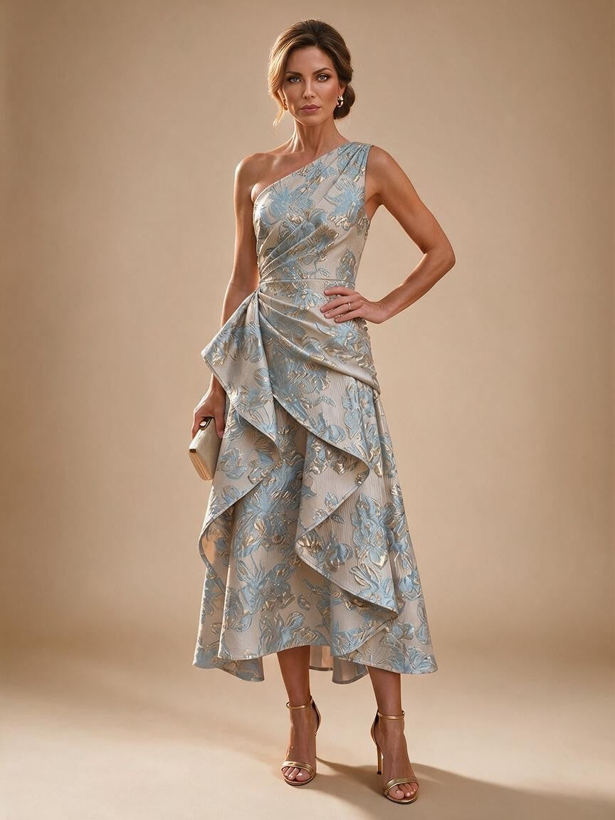 Jacquard A Line One Shoulder Ruffles Corset Mother of the Bride & Groom Dresses - Sky Blue