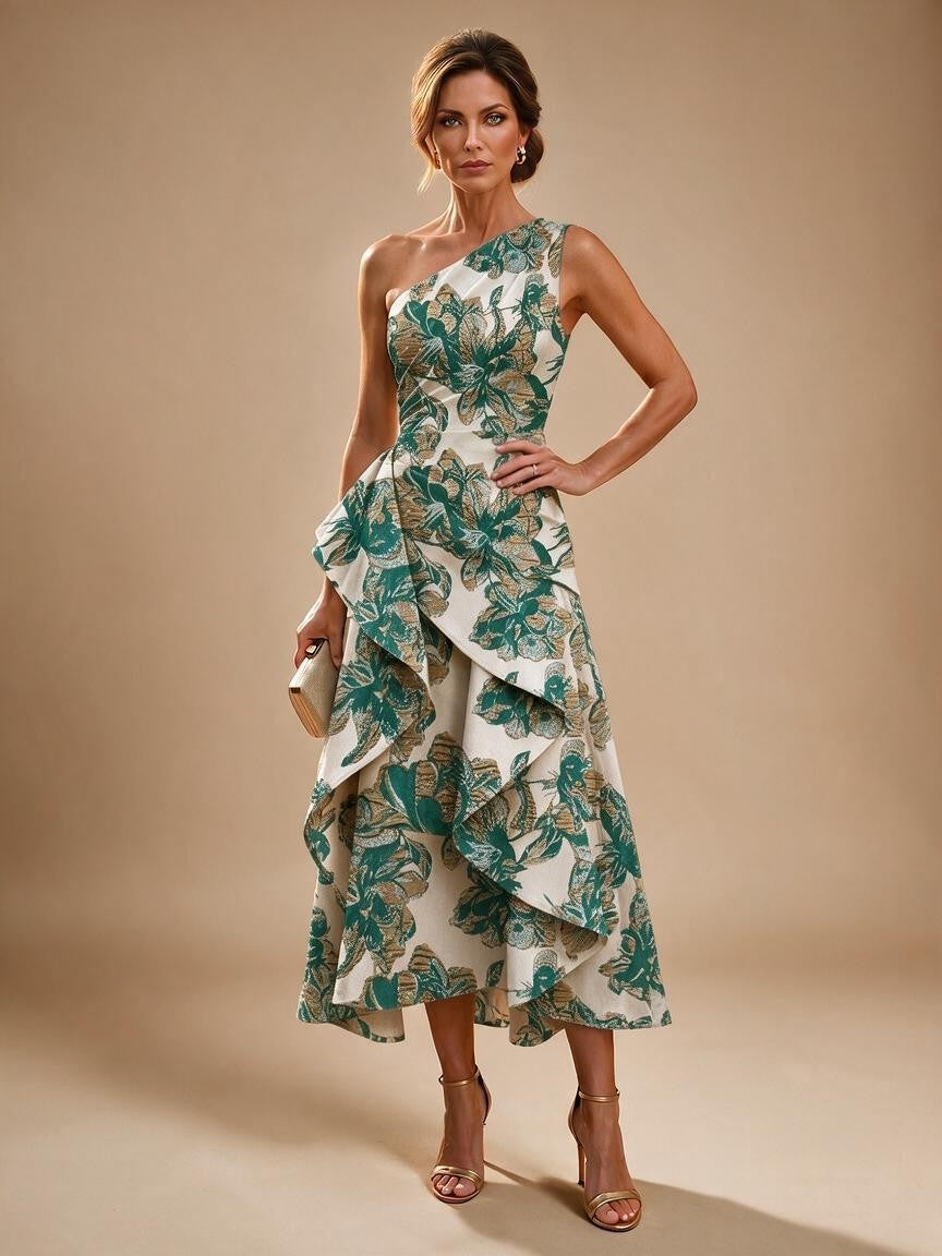 Jacquard A Line One Shoulder Ruffles Corset Mother of the Bride & Groom Dresses - Teal